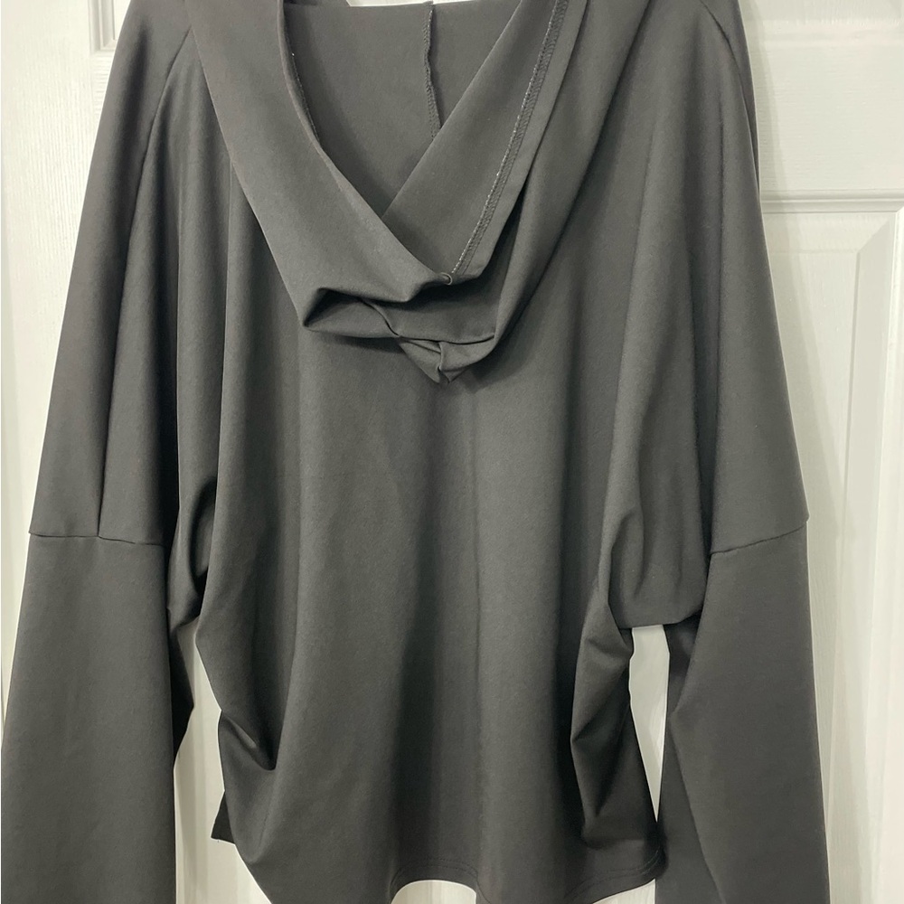 Dark Black Hooded Long Sleeve Top with matching pants. The top matches pants
